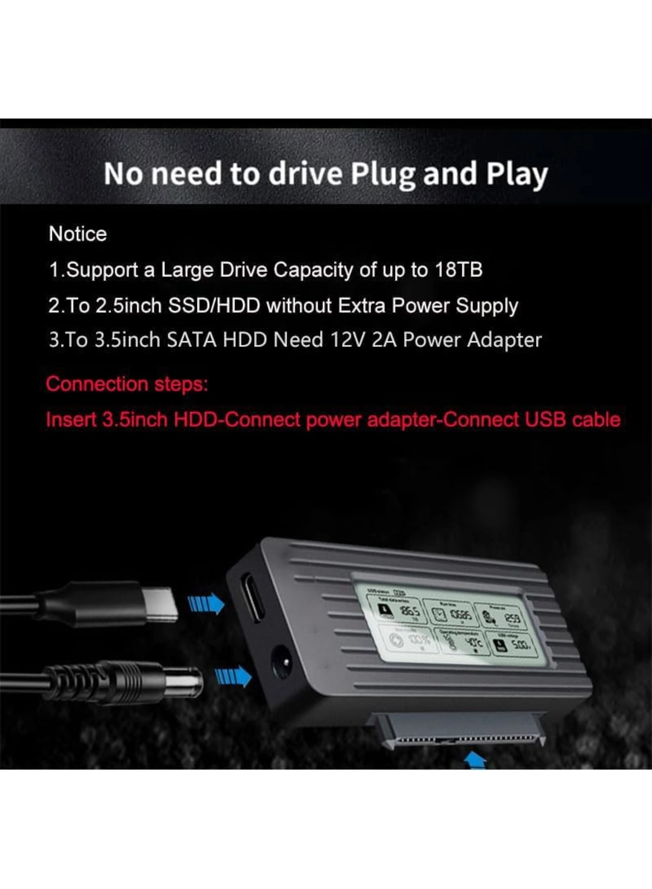 SATA to USB Adapter Cable - USB 3.2/3.1/3.0 Type-C LCD Speed Display