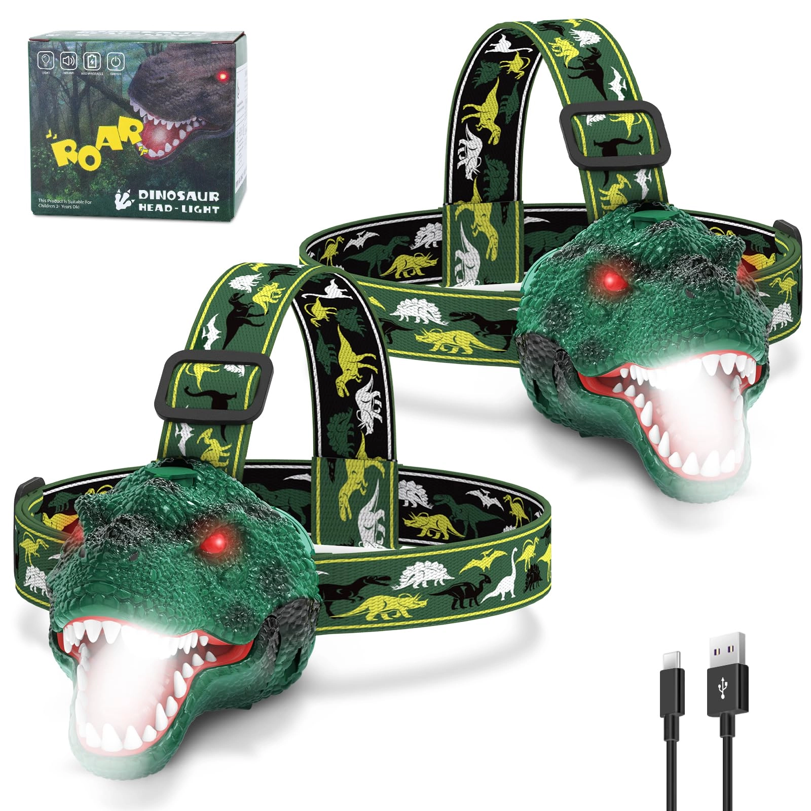 Dinosaur Headlamp - Rechargeable 2 Pack