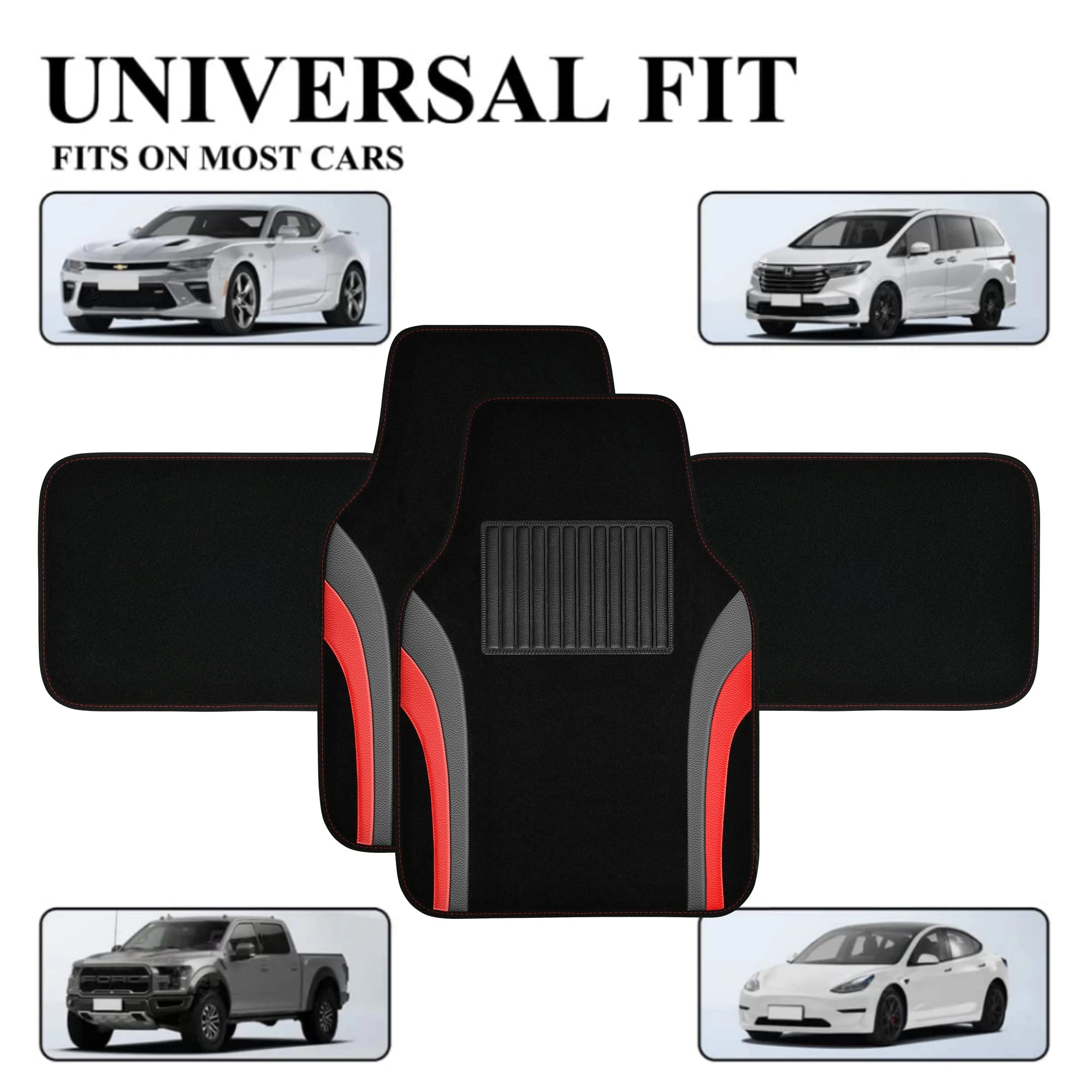 Universal Fit Car Floor Mats - Set of 4pcs Black and Burgundy