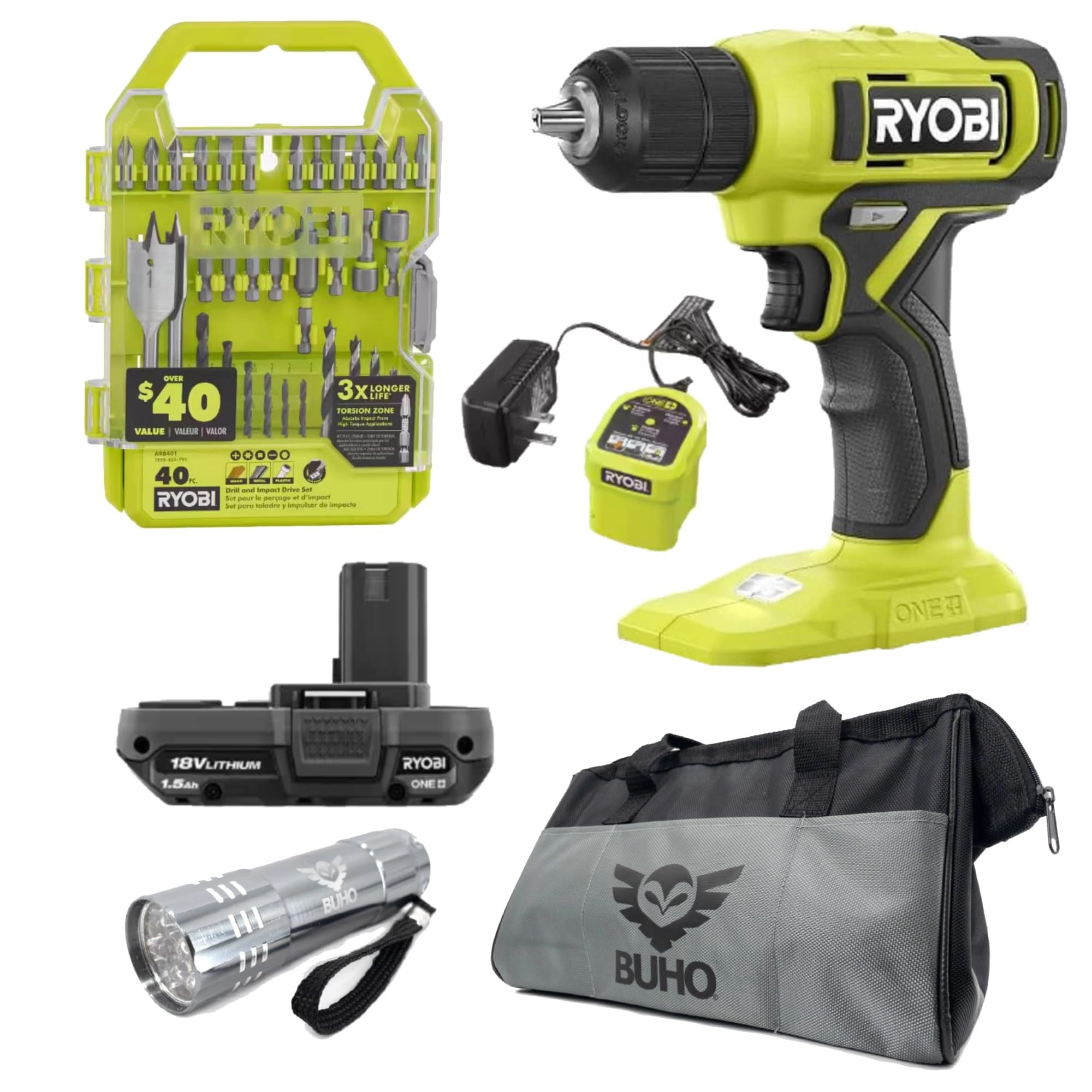Ryobi Cordless Drill + Battery - 1.5 Ampere-hour 18 Volt + Battery Charger + Drill Bits + Tool Bag