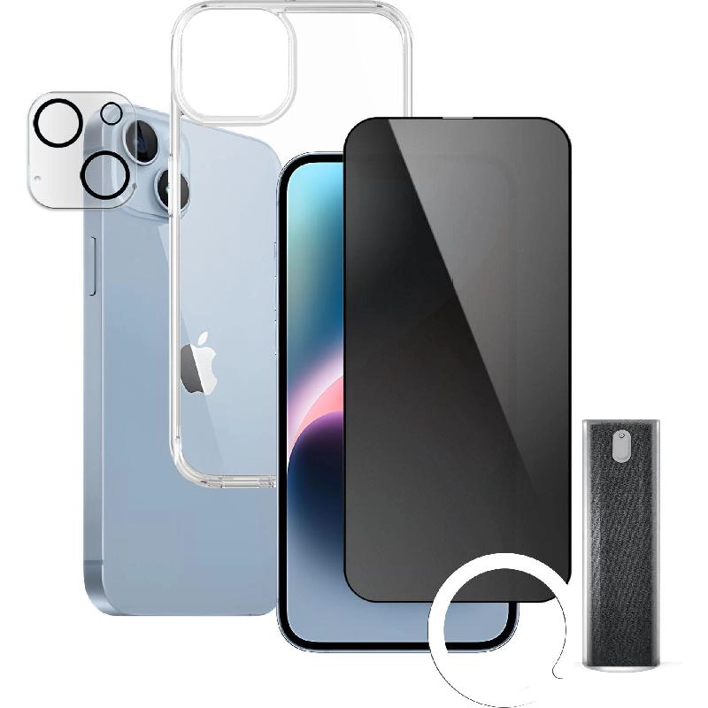 Clear Case + Tempered Glass + Camera Lens Cover + Anti-bacterial Spray for iPhone 15