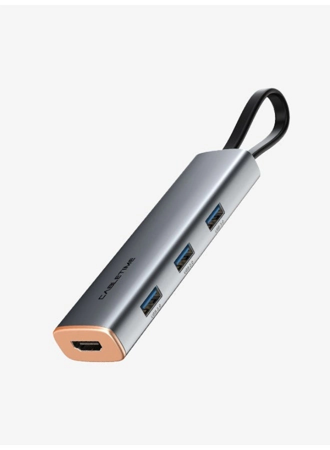 Cabletime Portability 5-IN-1 USB-C to USB3.0×3+HDMI 4K60Hz +PD 100W Adapter - Space Gray