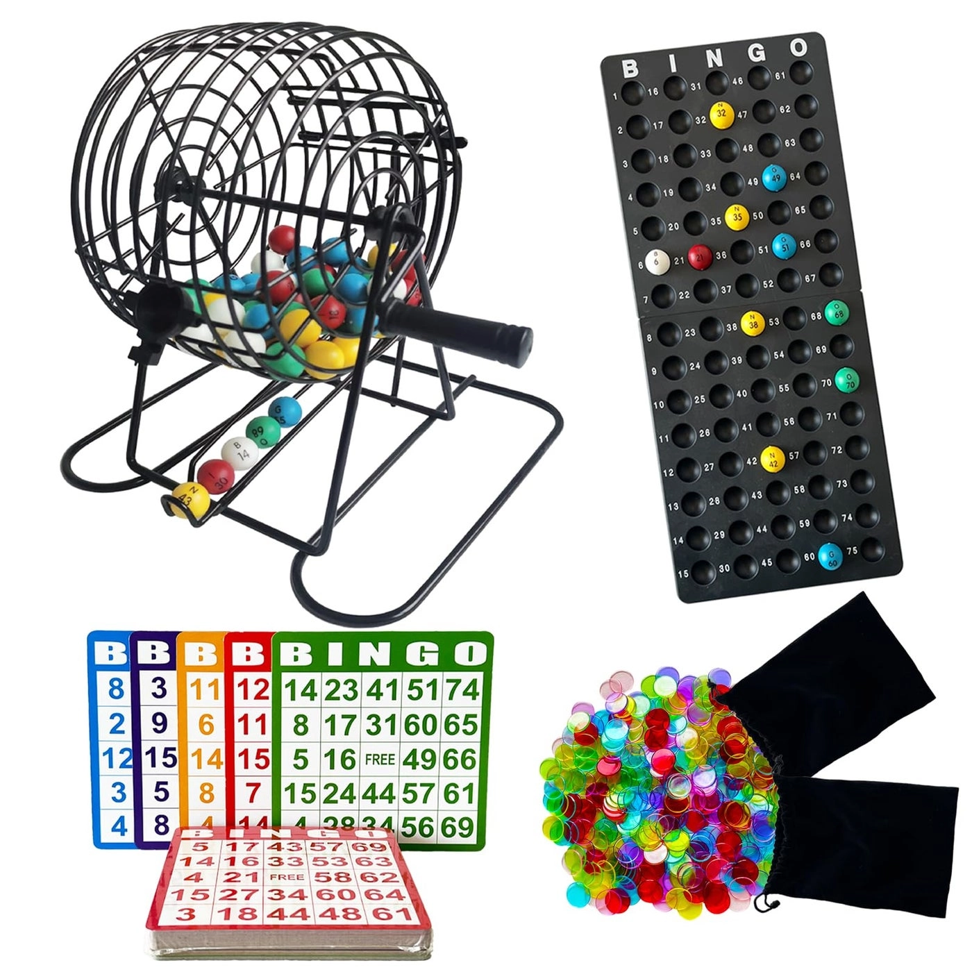 Deluxe Bingo Game Set - 8 Inch 50 Paper Cards 600 Colorful Clear Chips