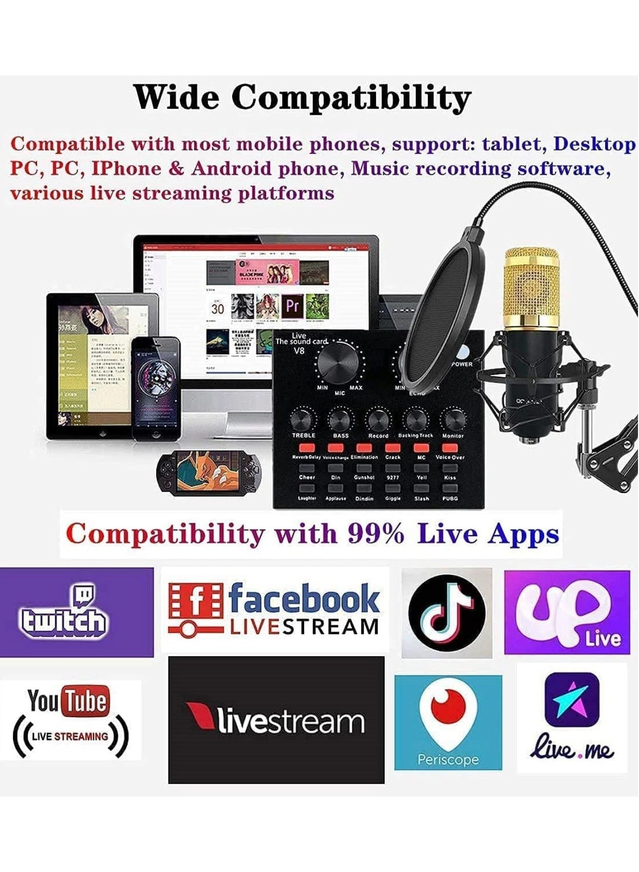 Condenser Microphone + V8S Live Sound Card Wireless+USB+3.5mm-Mini-Jack Microphone