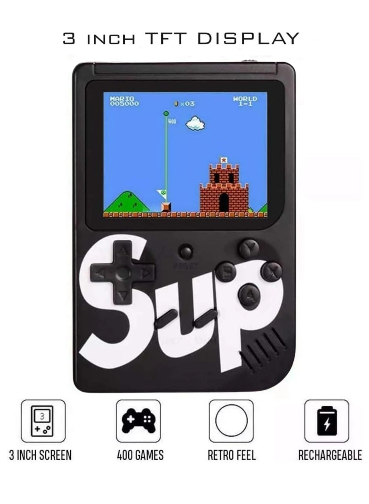 Handheld Game Console - 400 Built-in Games 3-Inch Color Screen Rechargeable Battery