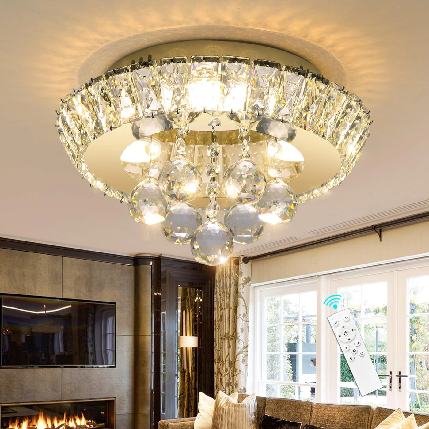HAIXIANG Crystal Ceiling Light - 12" W Remote Dimmable LED