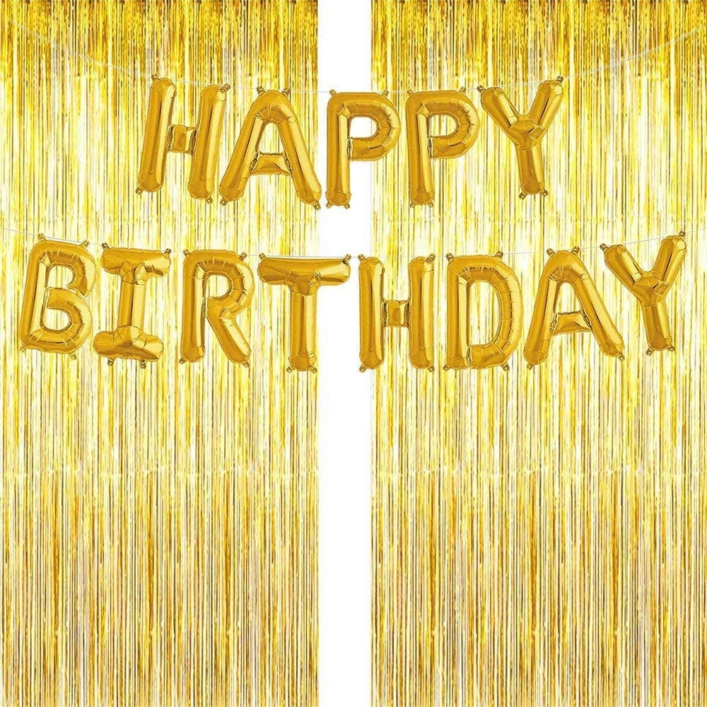 JOLLITY LLC Golden Foil Curtain - 2Pcs + Golden Happy Birthday Balloon - 1