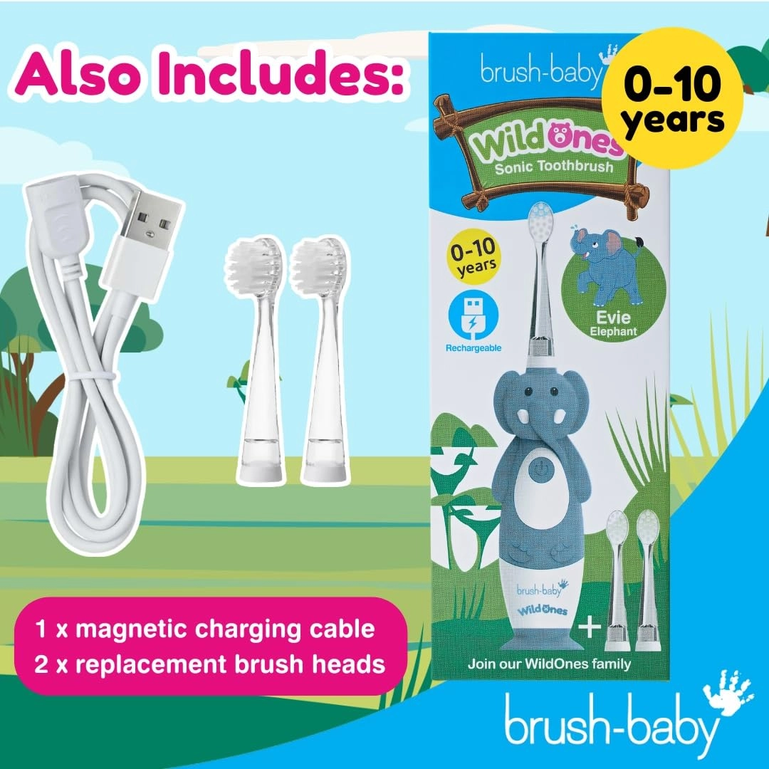 Kids Electric Rechargeable Toothbrush - Elephant 3 Brush Heads USB Charging