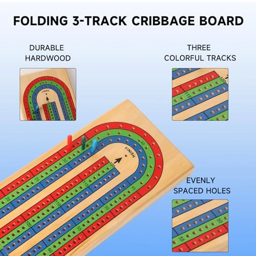 Three-Track Cribbage Board - Multi-Color Wooden 2 Deck Playing Cards