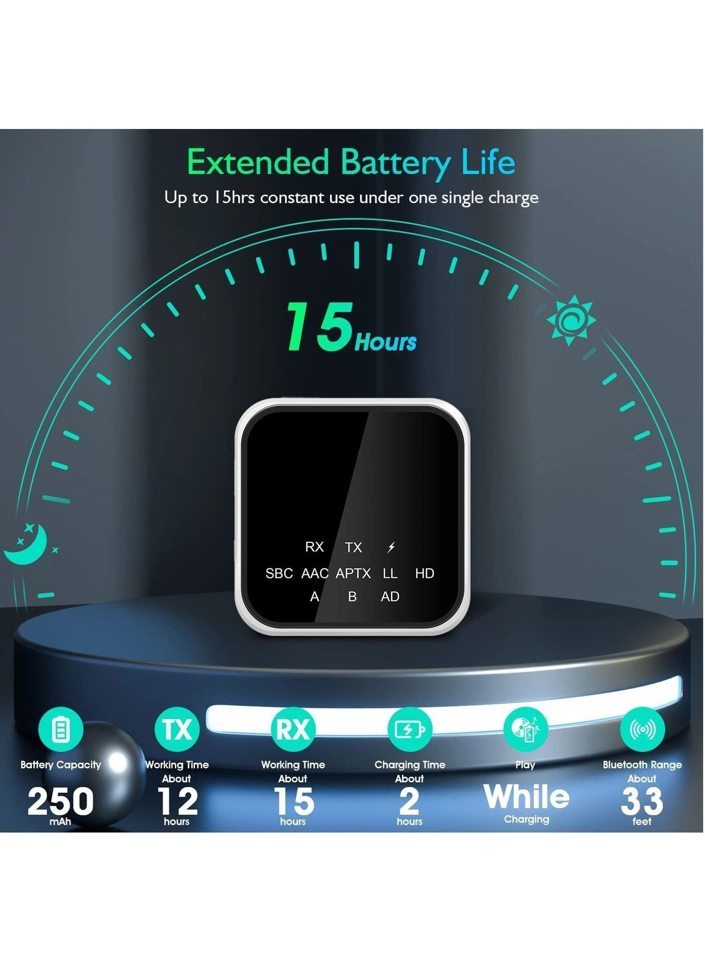 Bluetooth Adapter - 5.0 3.5mm Jack Aux built-in li-ion rechargeable 140mAh battery