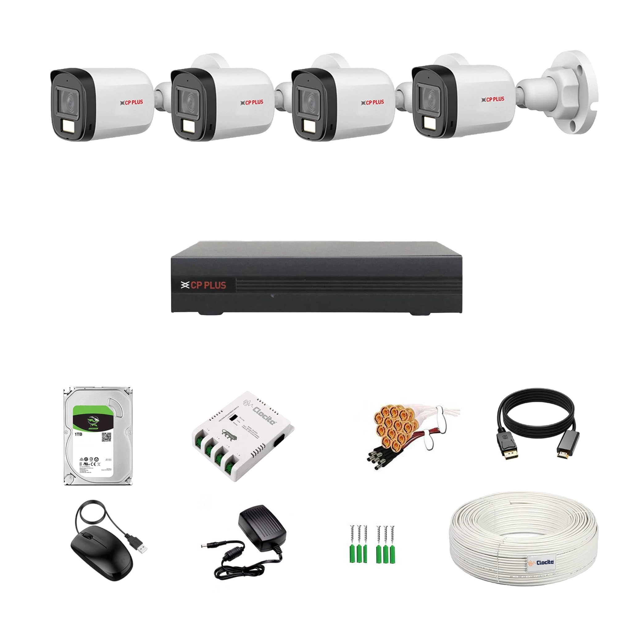 4 Channel DVR + Bullet Camera - 2.4MP + HDD - 1TB + Copper Cable Roll + 4 CH Power Supply + BNC & DC Full Combo Kit