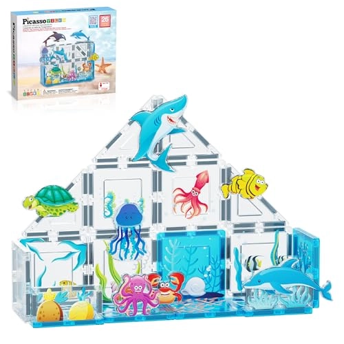 Magnet Tile Building Blocks - 8 Aquarium Character Action Figures Marine Animal World 26 pcs