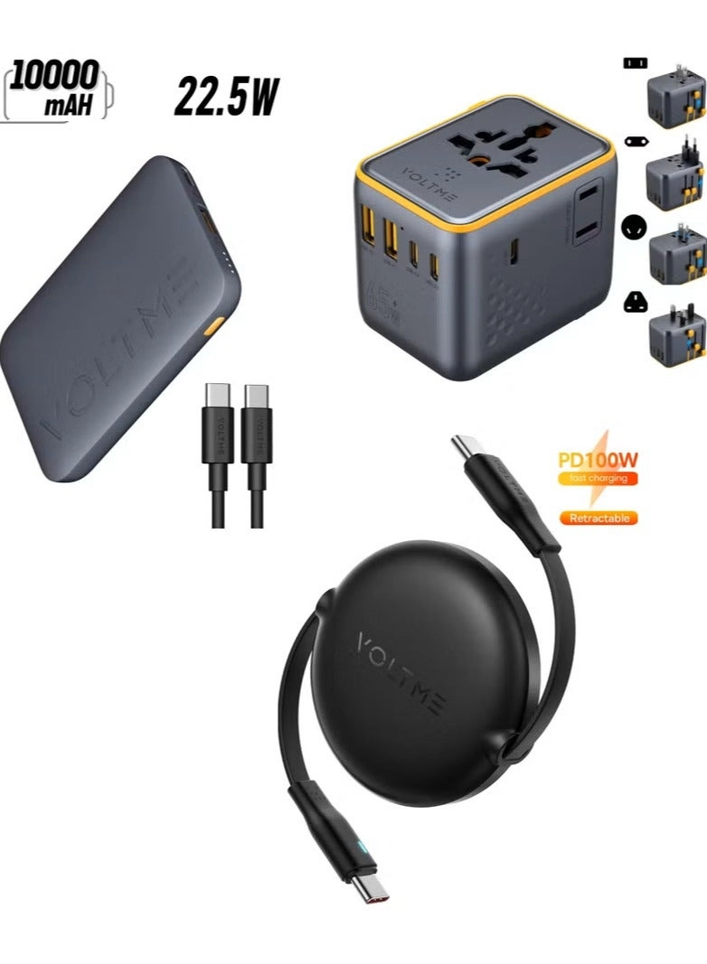 VOLTME Ultra-Slim Power Bank - 10000mAh 22.5W + 7-in-1 Universal Adapter - 65W GaN + Retractable Type-C Cable - 5A 1m