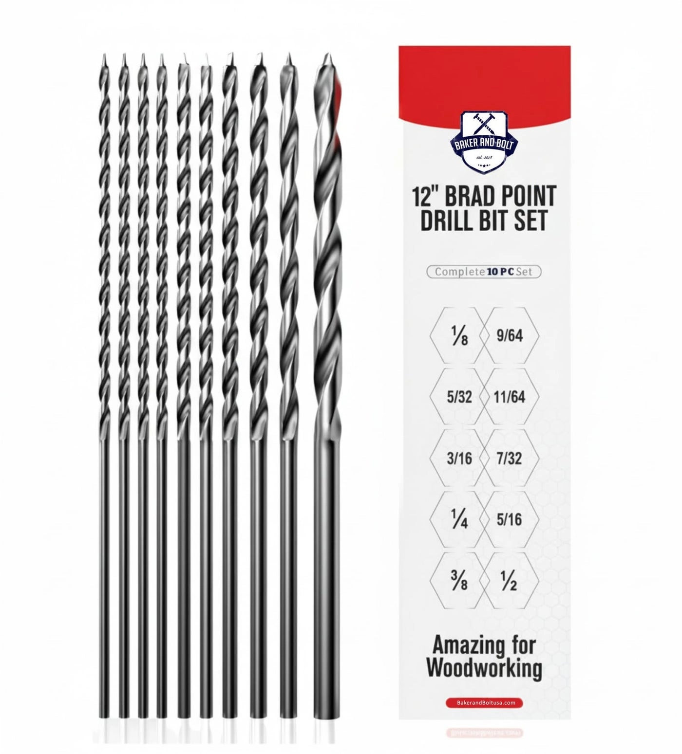 Baker and Bolt Brad Point Drill Bit Set - High-Speed Steel Titanium Coated 10 Pcs 1/8"-1/2"