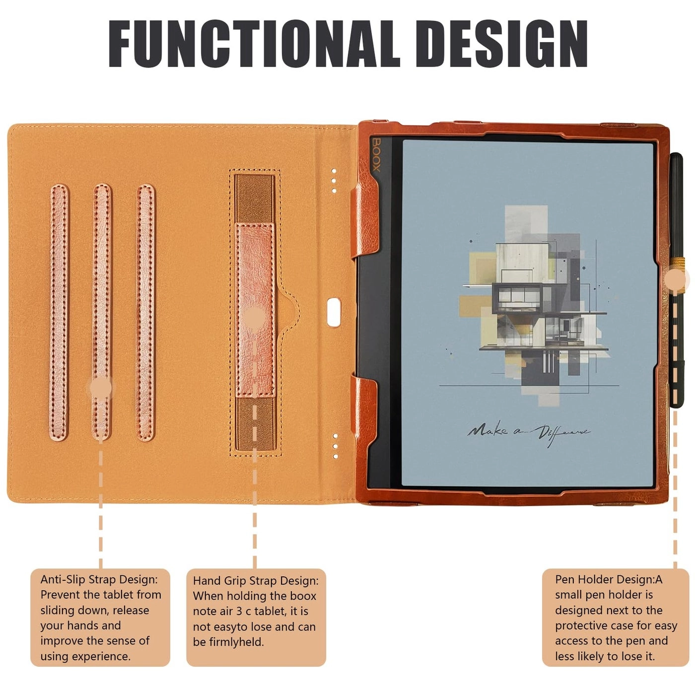 360 Degree Rotating Case with Pen Holder and Hand Strap for Boox Note Air4 C (2024), Boox Note Air3 C, Boox Note Air3 B/W (2023), Boox Note Air2, Boox Note Air2 Plus, Ink Tablet 10.3-inch