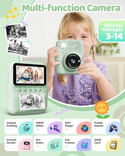 Kids Camera Instant Print - 3-inch HD Screen 1080P 32GB