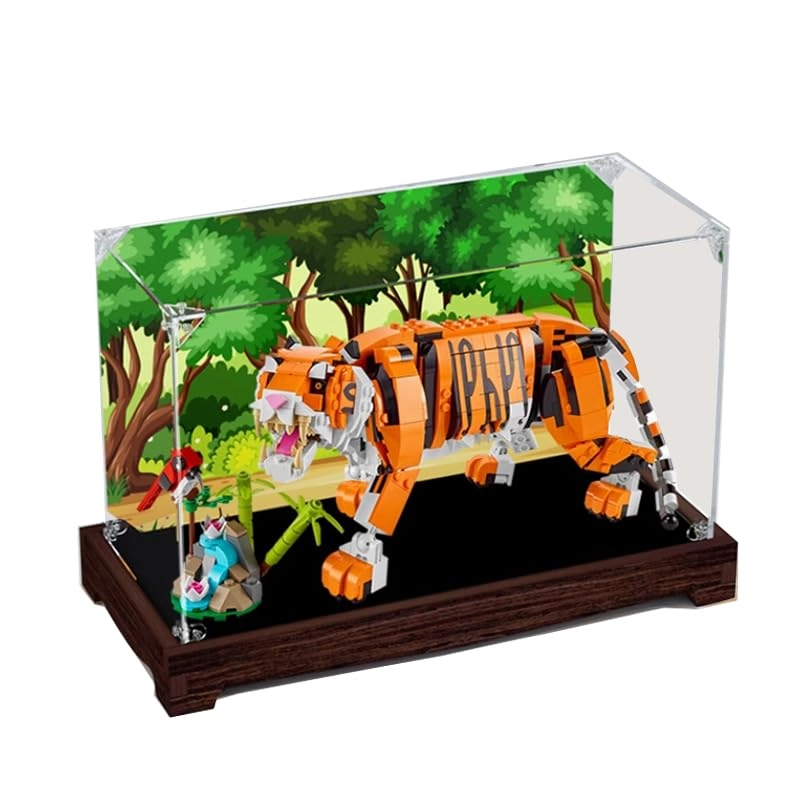 HCAEIOFJ Display Case for Lego Creator 31129 - 14.56x6.29x8.66in. Acrylic Walnut Bottom+background