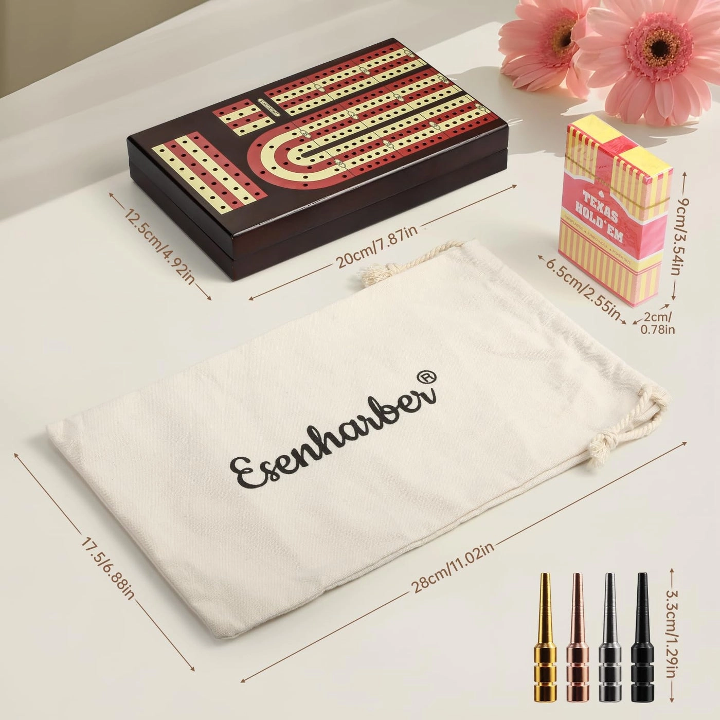 4Track Cribbage Board - Foldable Solid Wood 12 Brass Pegs