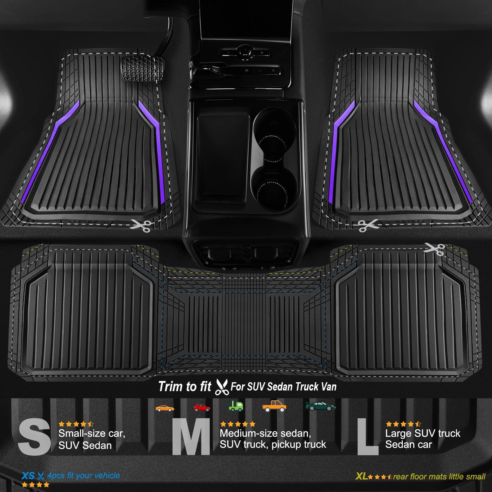 Heavy Duty Rubber Floor Mats - Universal Fit 3pcs Black Purple