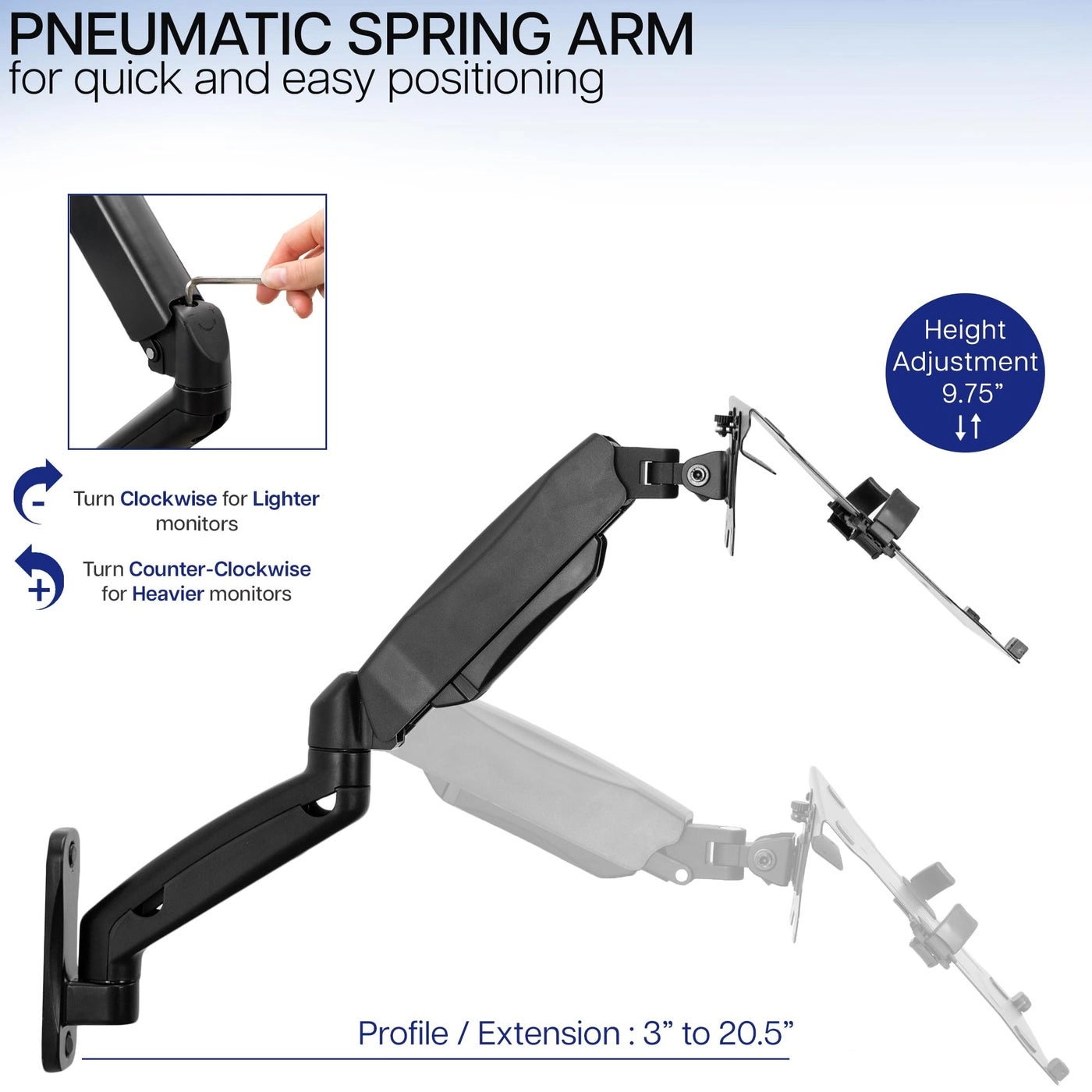 Height Adjustable Pneumatic Extended Arm Laptop Wall Mount - 10 to 15.6 inch