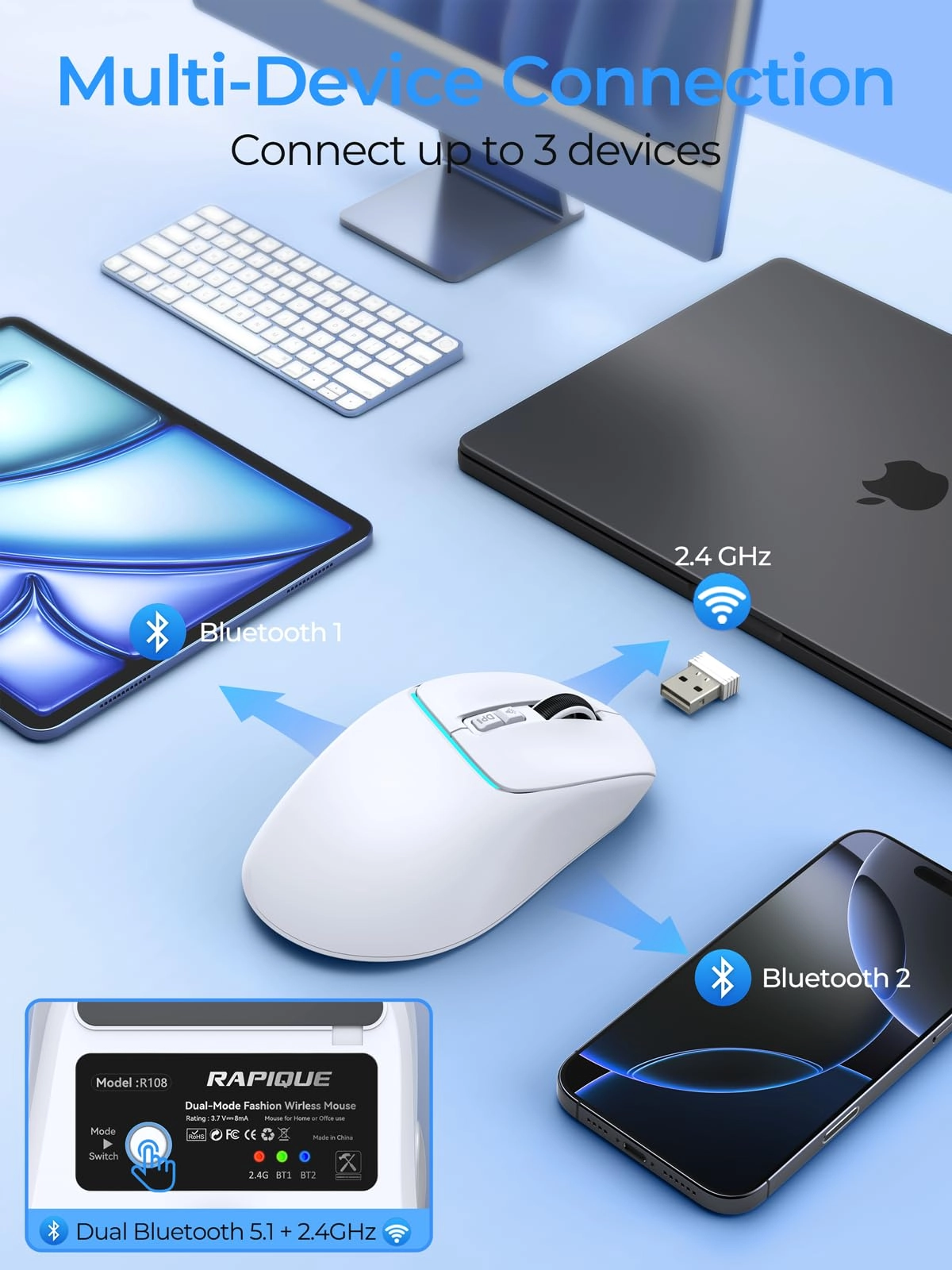 R108 Tri-Mode Wireless Mouse - Wireless