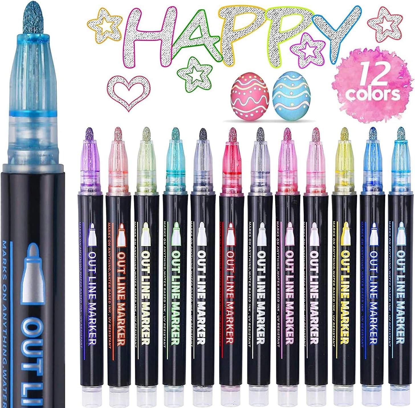 ectury Outline Marker Pens - 12 metallic glitter colours Dual Fibre