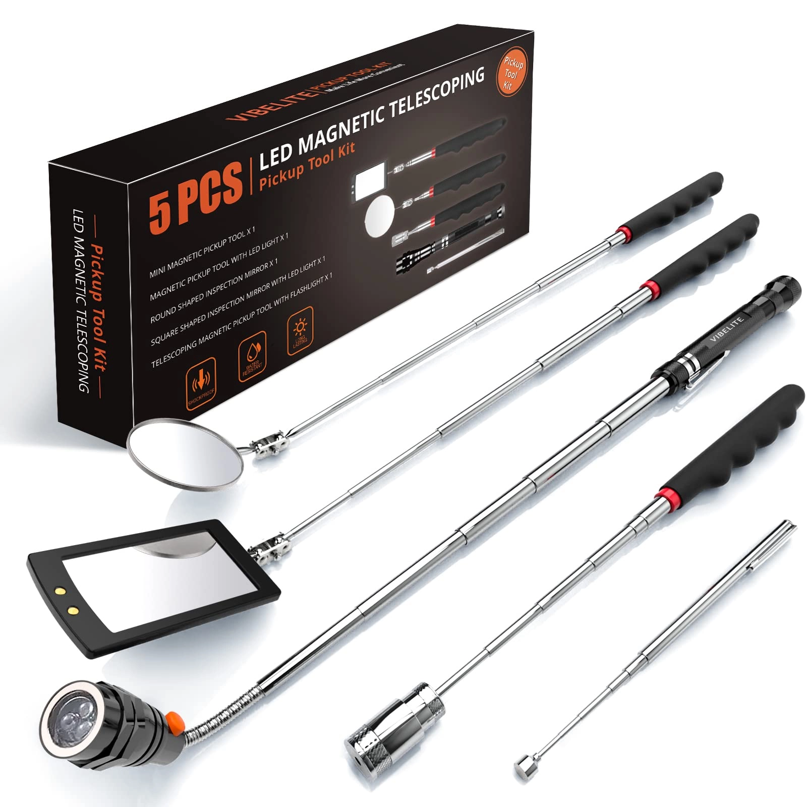 VIBELITE Telescoping Magnetic Pick Up Tool - 5 pieces 1lb & 15lb LED