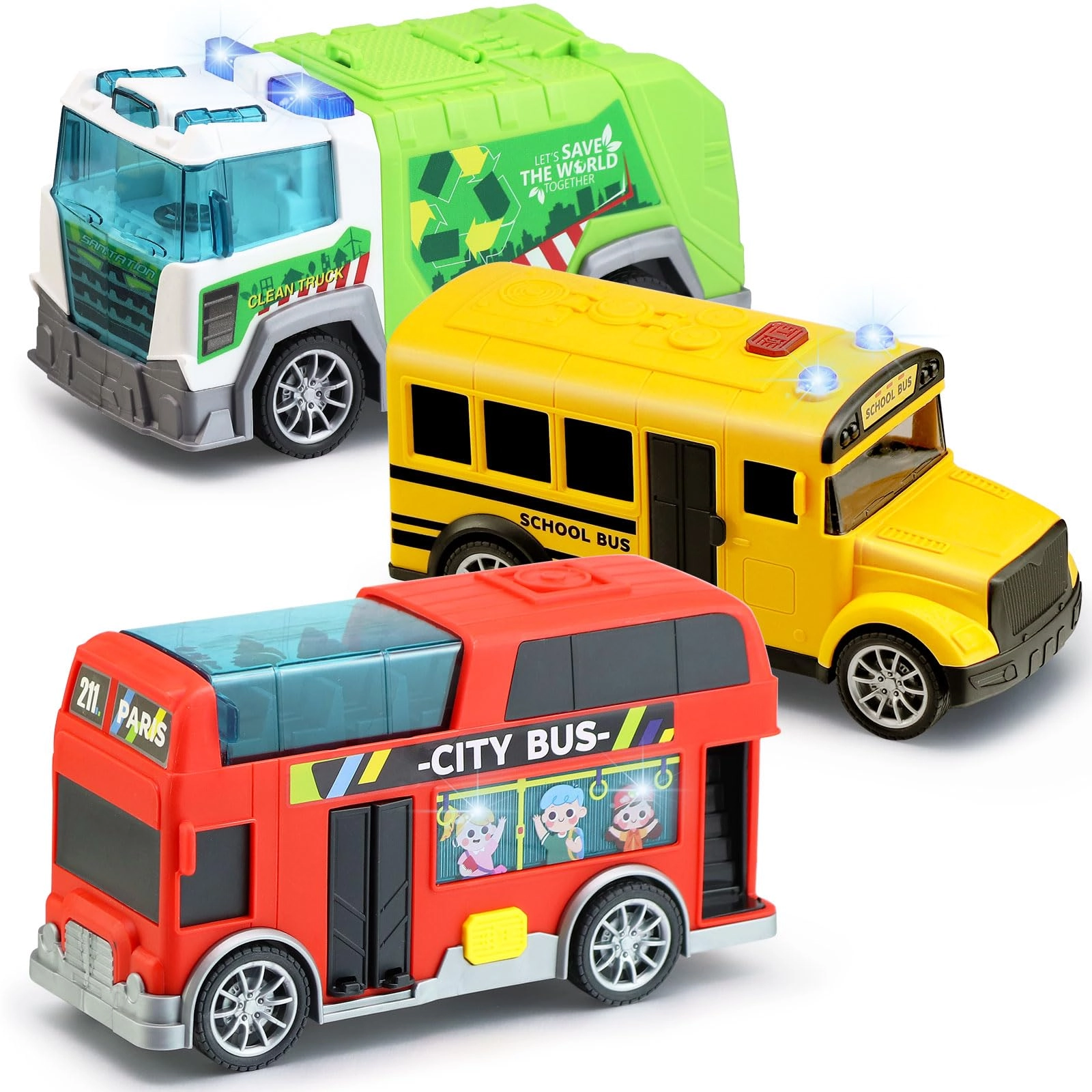 Crelloci School Bus + Double Decker Bus + Garbage Truck 3 Pack