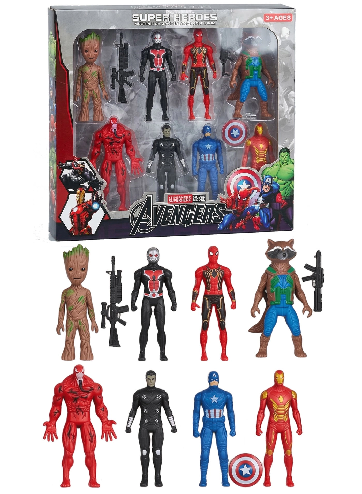 Groot + Rocket Raccoon + Captain America + Iron Man + Spider-Man + Ant-Man + Carnage + Tactical Hero - Marvel (R1133)