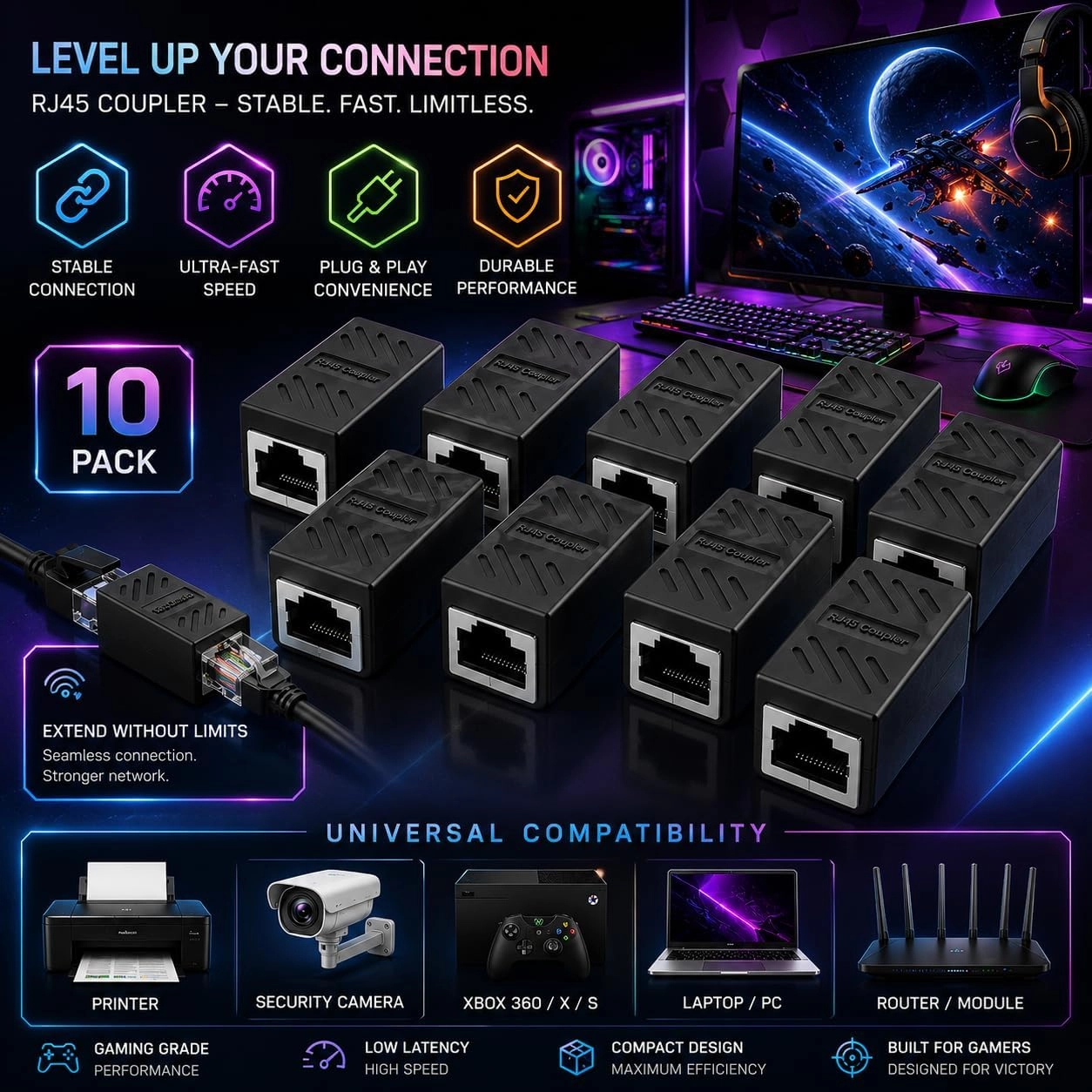 RJ45 Coupler - 10 Pack 1000Mbps Gigabit