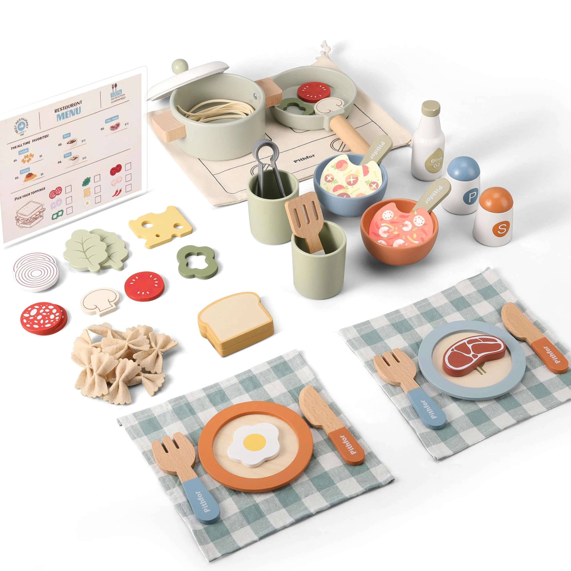 Pithfor Wooden Play Cooking Set - Pretend Play Kitchen Accessories