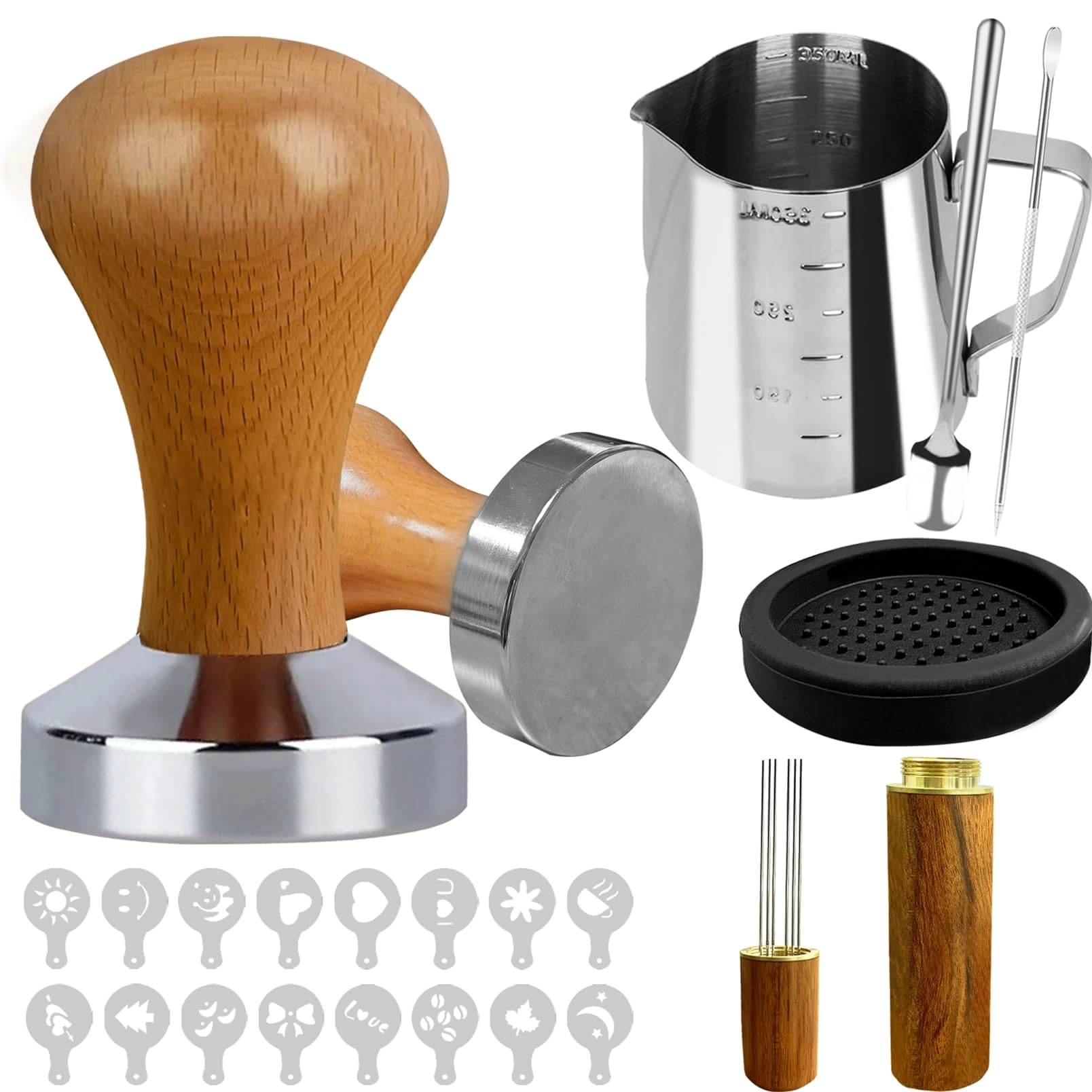 Espresso Tamper + WDT Tool + Espresso Dosing Funnel + Silicone Gel Tamper Mat + Espresso Accessories