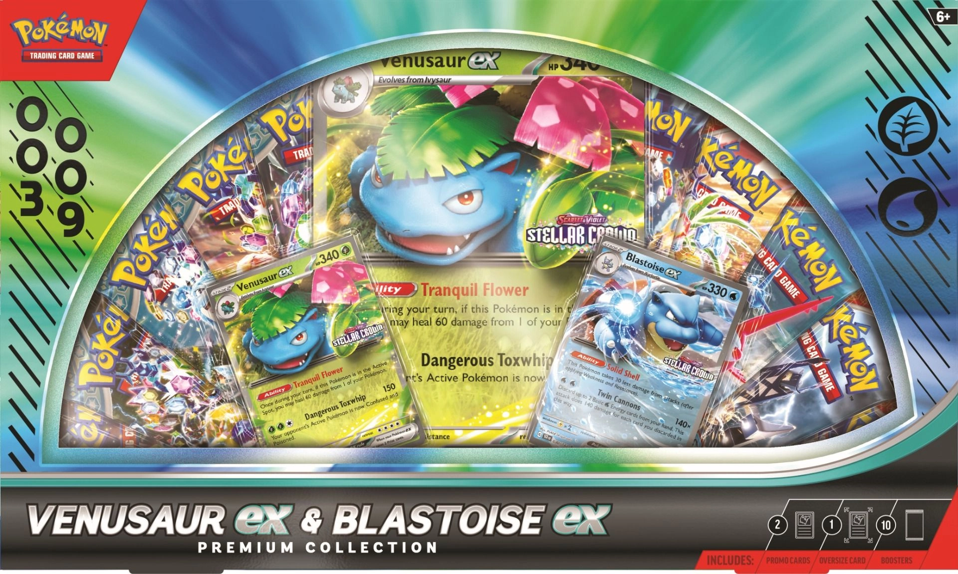 Venusaur ex + Blastoise ex - 2 Promo Cards 10 Pokemon TCG boosters 1 Oversize card 1 Code card