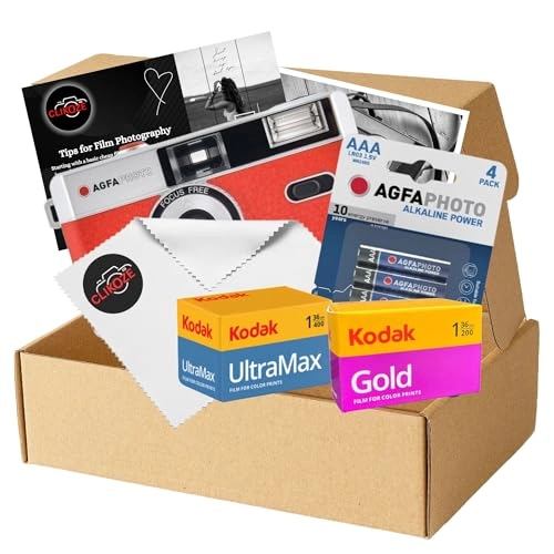 35mm Reusable Film Camera + Ultramax 400 - 36exp + Gold 200 - 36exp + Battery - AAA + Lens Cloth - Black + Photography Tips Card