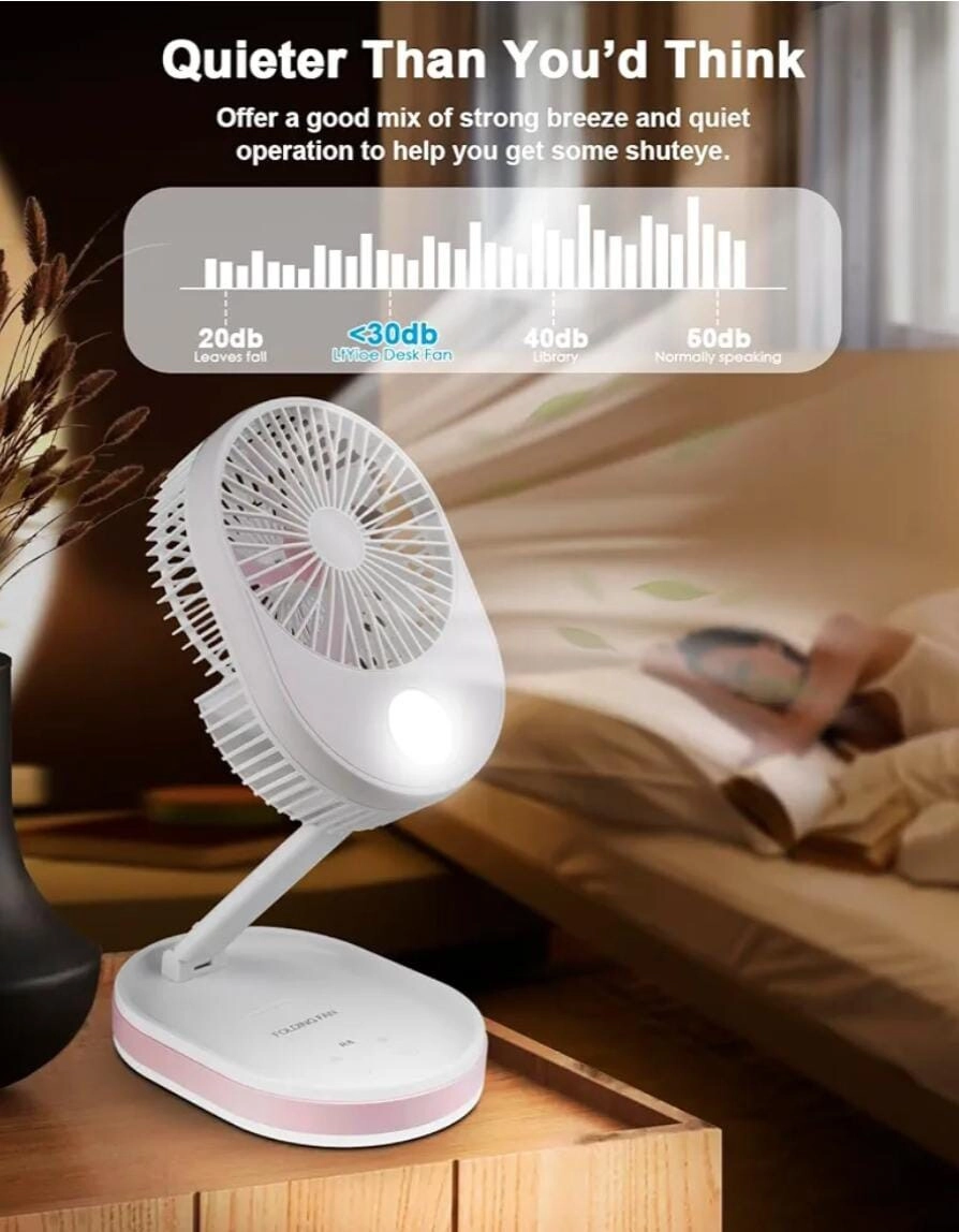 Portable Rechargeable Fan with LED Light - 3 Speed 8 Hours 180° Rotating