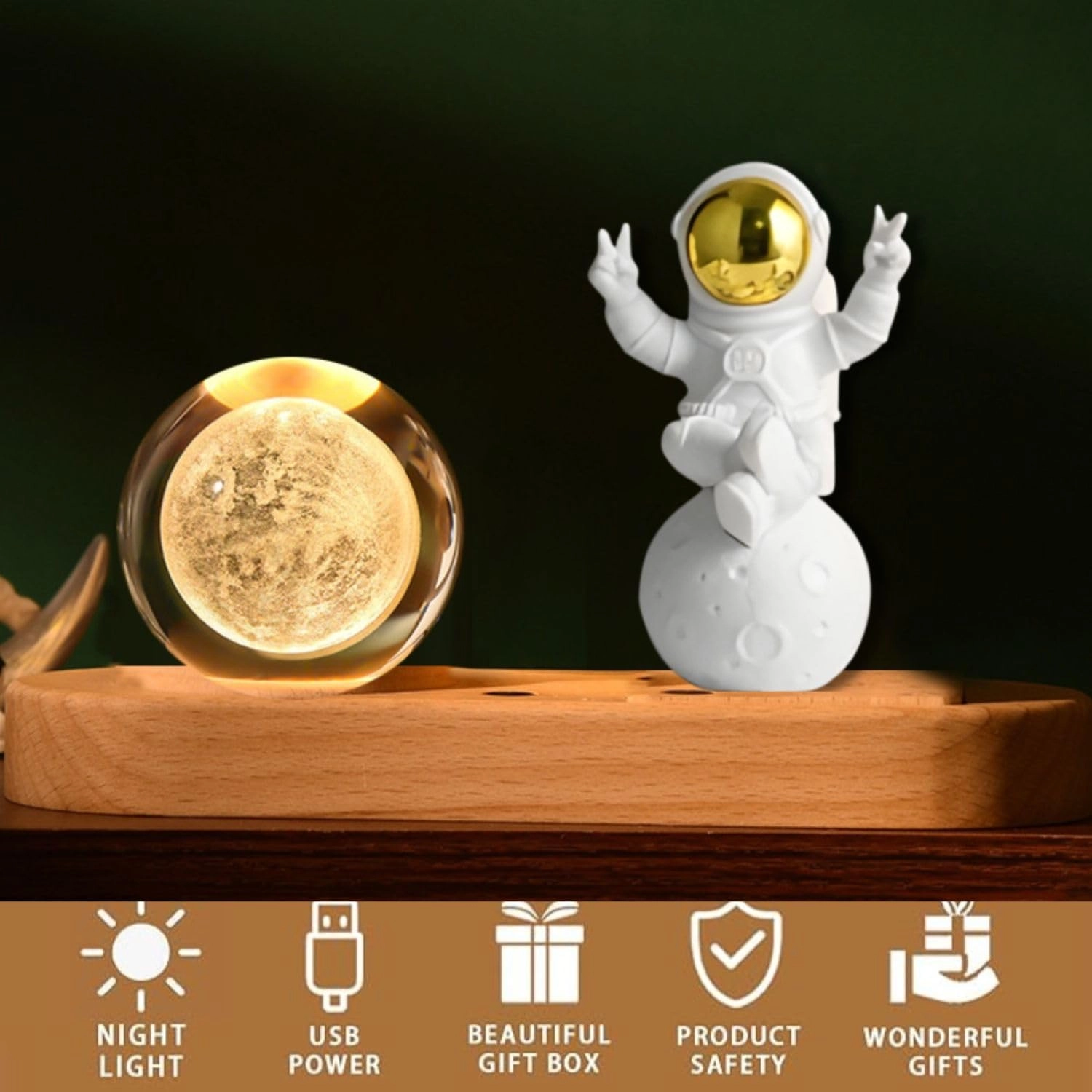 3D Crystal Moon Lamp - USB-Powered Wooden Base
