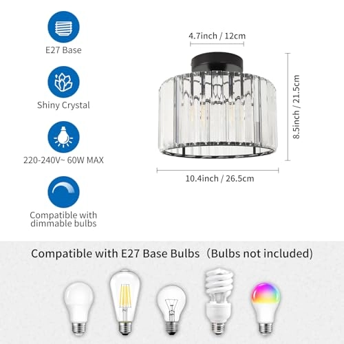 Crystal Ceiling Lamp - E27 Black 26.5 cm