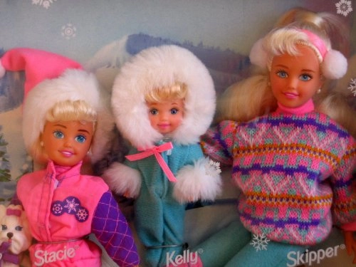Barbie Doll - 11.5" + Stacie Doll - 7.5" + KOKO Dog - 2" + Kelly Doll - 4.5" + Skipper Doll - 10.5" + Sled - 9.5" + Hair Brush