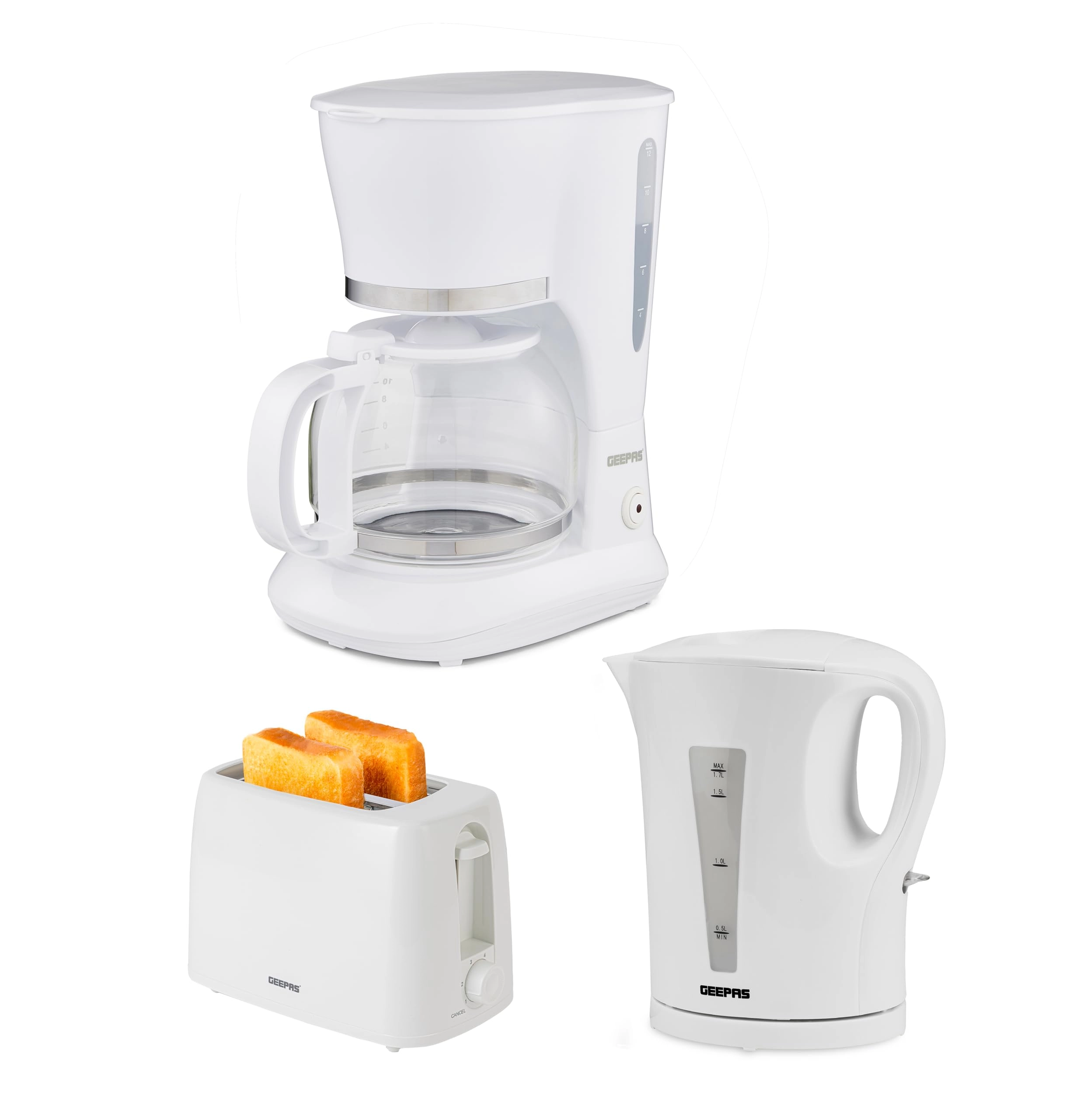 Coffee Maker - Programmable Timer + Electric Kettle - Cordless + 2-Slice Toaster - 6 Browning Levels