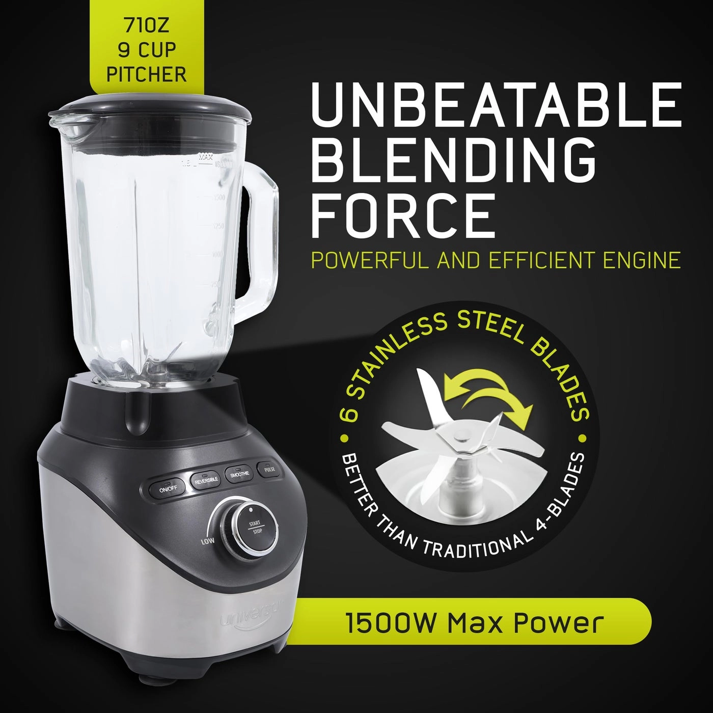 Turbo Elite Max - Glass Pitcher 3 Speed Settings 6 Stainless Steel Blades