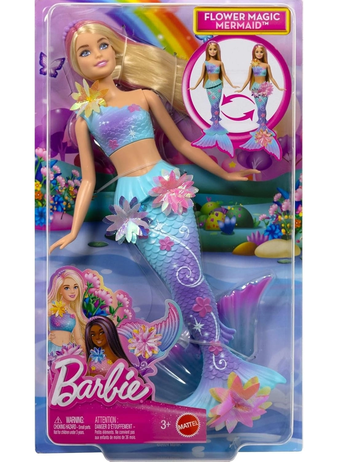 Barbie Flower Magic Mermaid - Long Blonde Hair Pink Highlights Ombre Tail Ages 3+