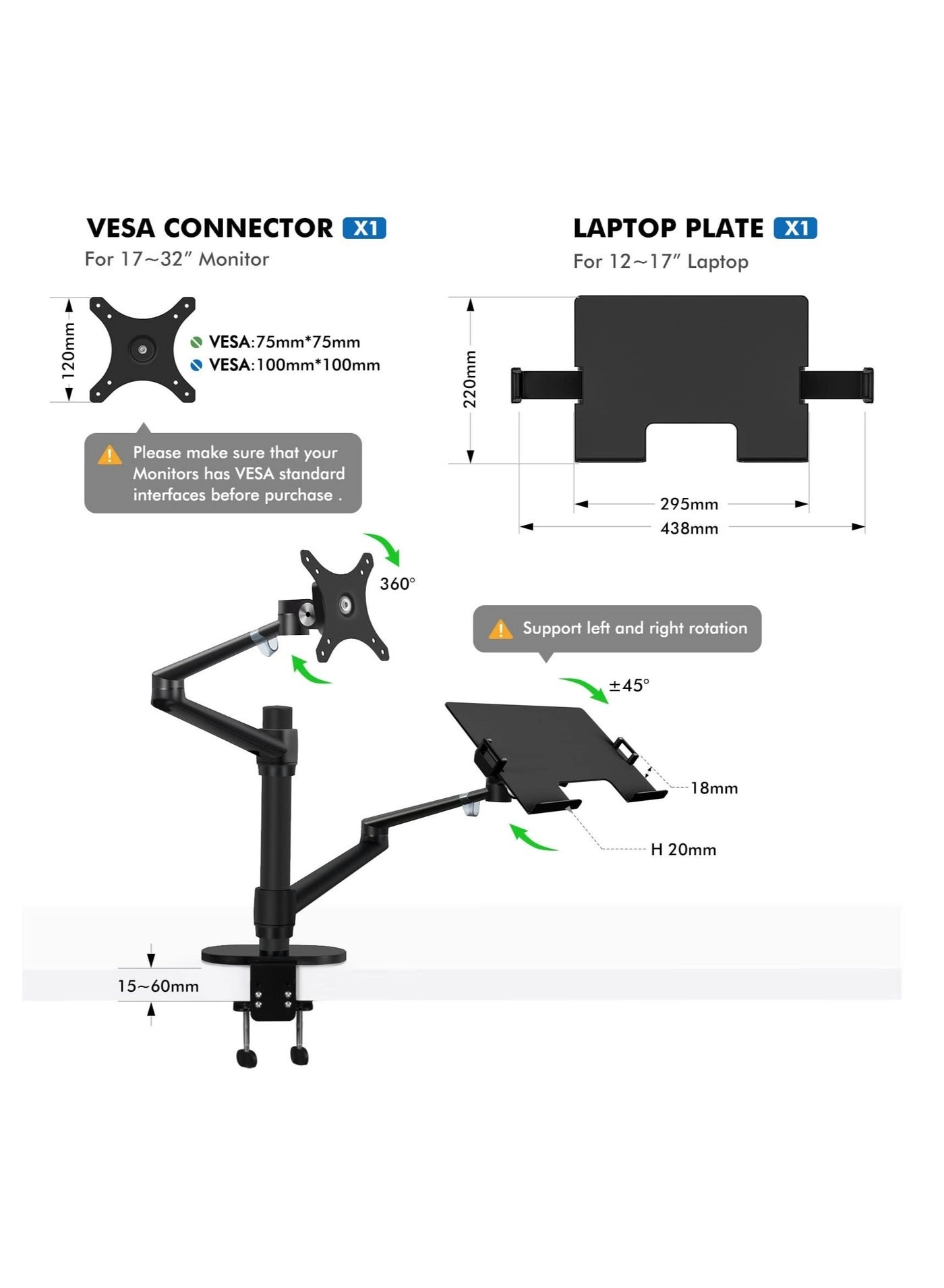 Laptop Monitor Mount - Dual Arm 17 to 32 Inch 100x100mm / 75x75mm
