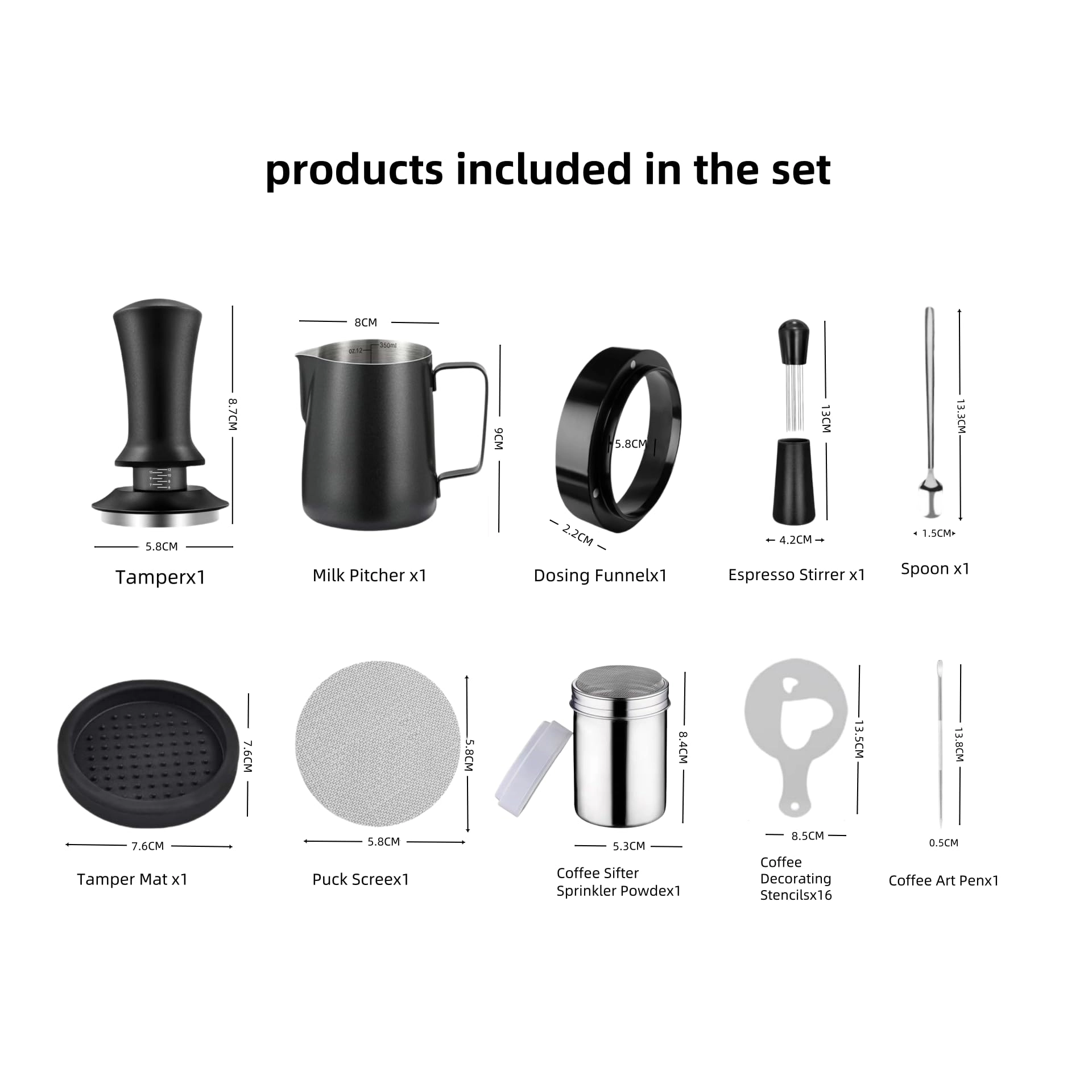58mm Coffee Tamper + WDT Tool + Tamper Mat + Frothing Pitcher - 350ml + Decorating Stencils + Latte Art Pen + Coffee Stirring Spoon + Dosing Funnel + Coffee Sifter