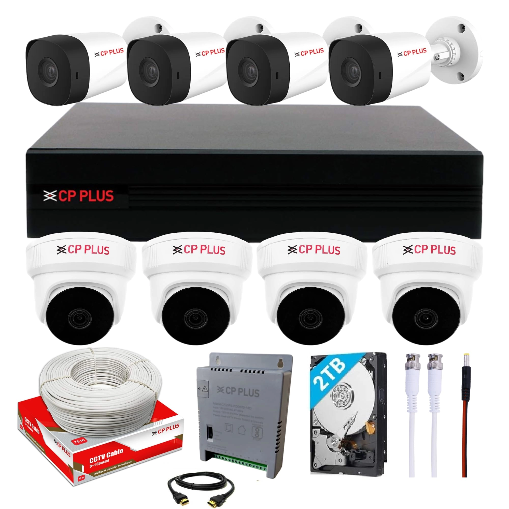8 Channel DVR + 5 MP Outdoor Camera + 5 MP Indoor Camera + Hard Drive - 2TB + 8 Channel Power Supply + CCTV Cable Bundle + HDMI+BNC/DC Set