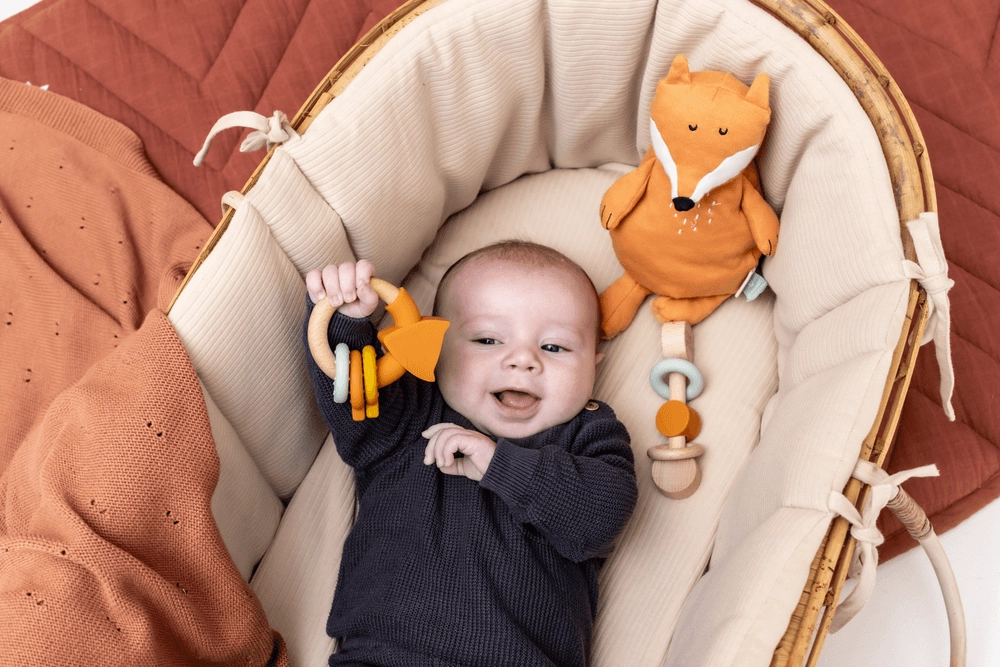 Wooden Silicone Rattle - Suitable for 3 months & above beechwood and soft silicone Mr. Fox