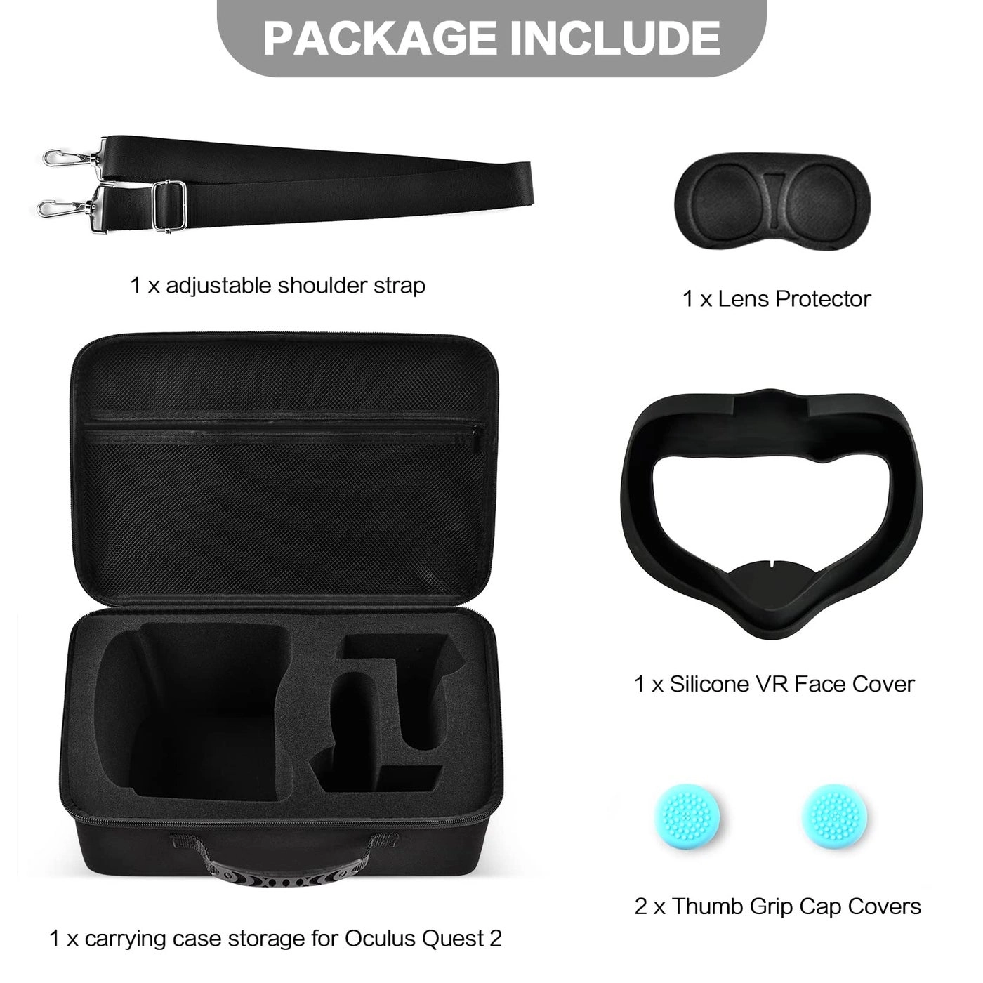 Carrying Case - for Meta Quest 3/Quest 3S/Oculus Quest 2 + Silicone VR Face Cover + Lens Protector + Thumb Grip Cap Covers + Adjustable Shoulder Strap