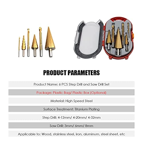 Step Drill Bit and Saw Drill Set - 6 pieces High Speed Steel 4-32mm