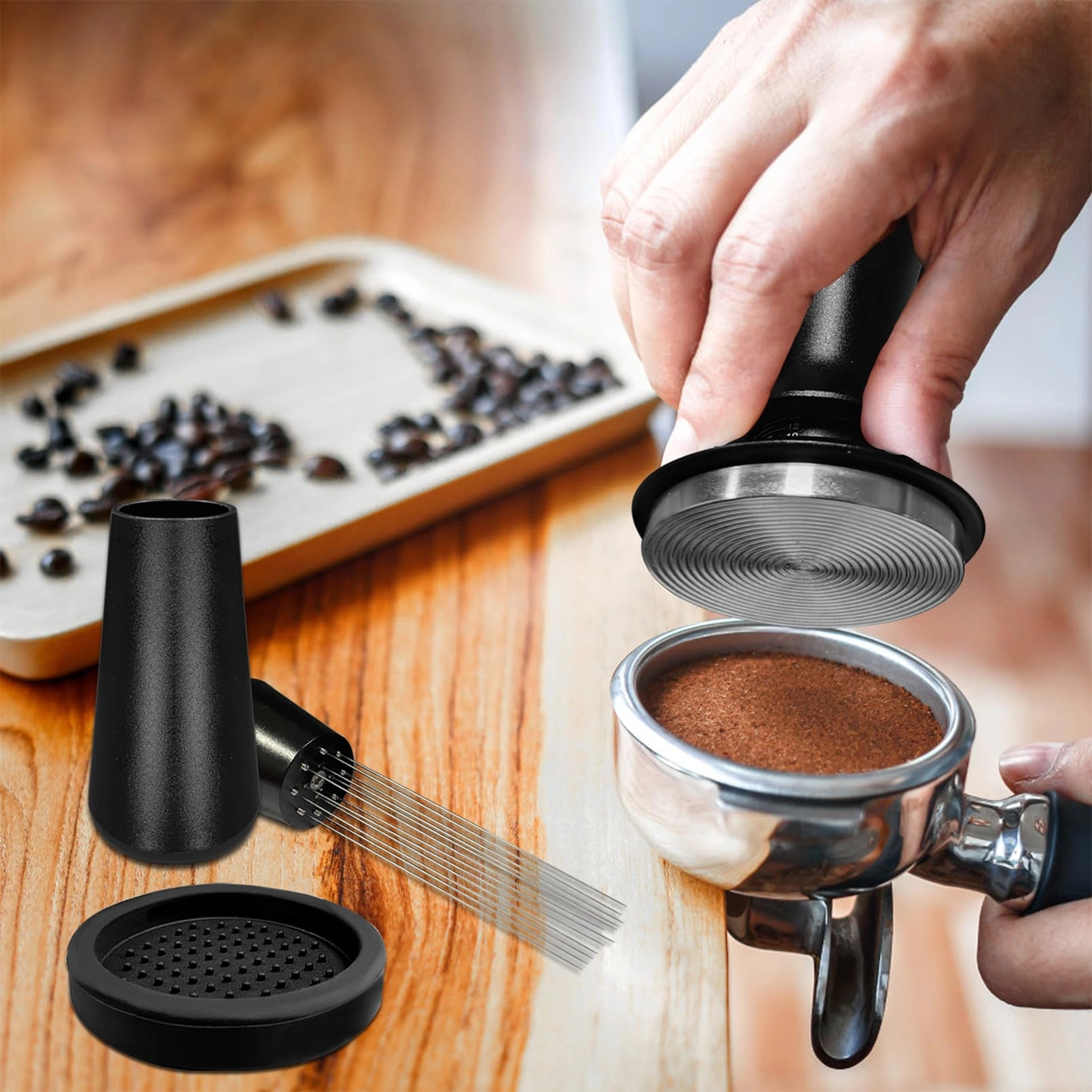 Espresso Tamper + WDT Tool + Espresso Dosing Funnel + Silicone Gel Tamper Mat + Espresso Accessories