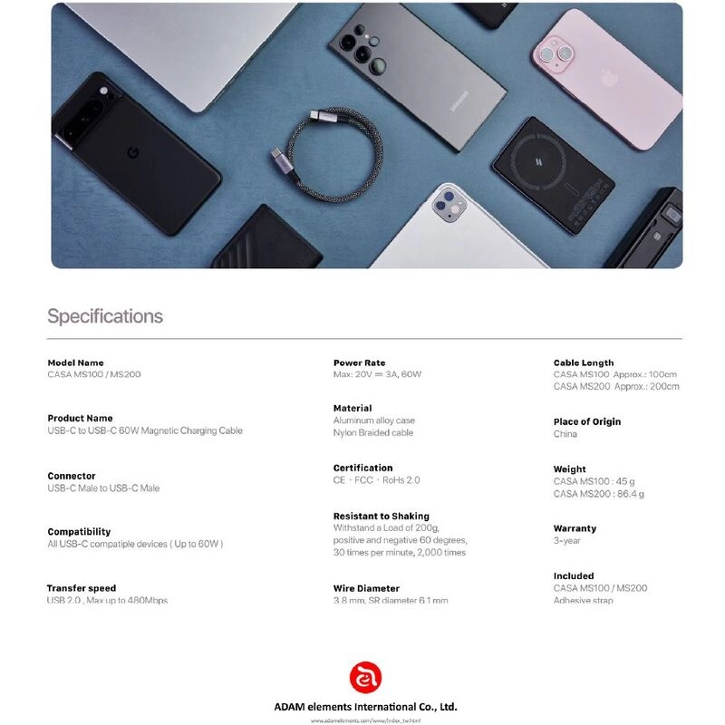 MS100 Cable 60W USB-C to USB-C 1m Braided