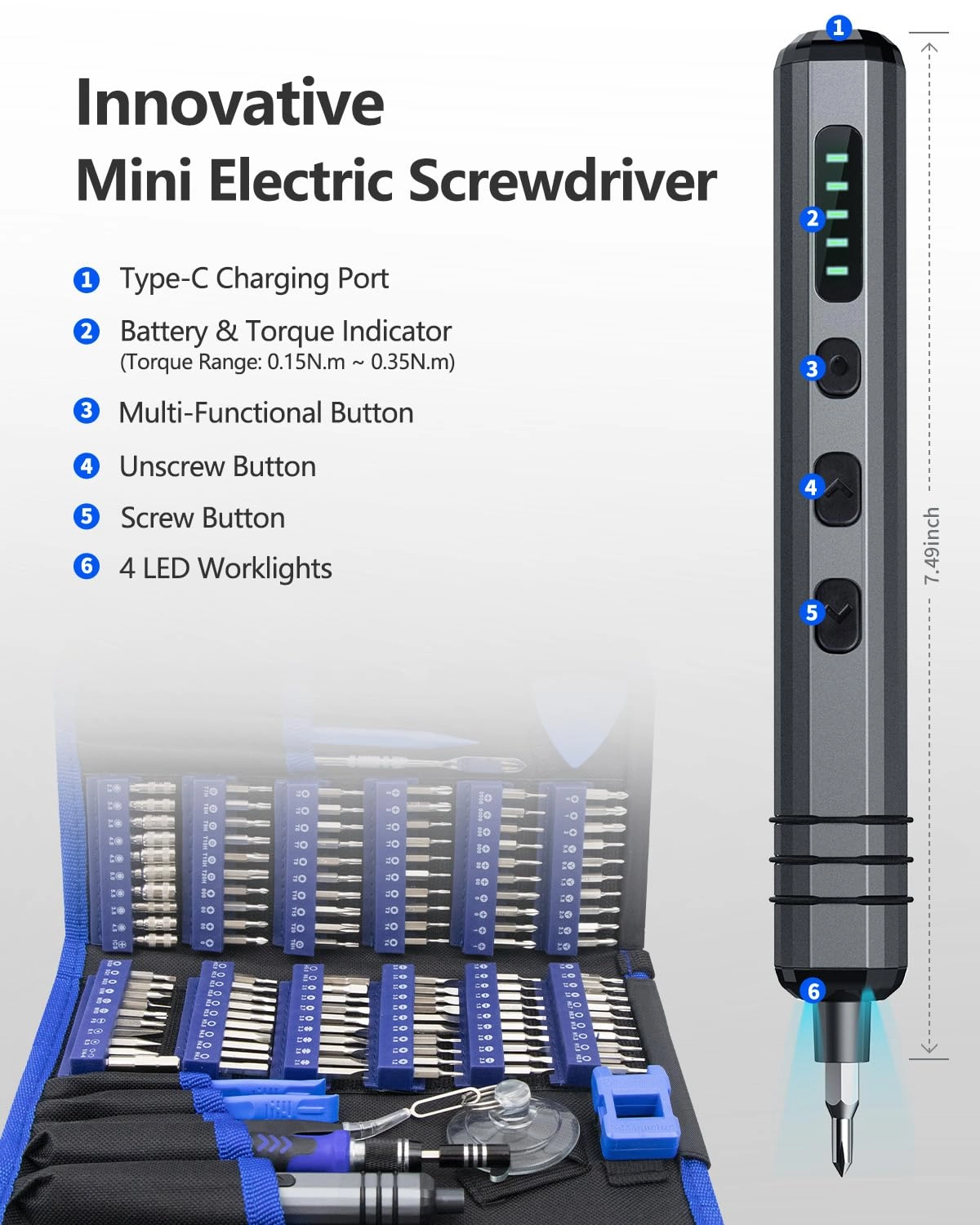 Mini Electric Screwdriver Set - 140-IN-1 120 Precision Bits 5 Torque Settings
